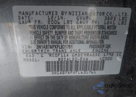 2015 Nissan Sentra Fe+ S/S/Sl/Sr/Sv из США, поврежденный, VIN 3N1AB7APXFL631761